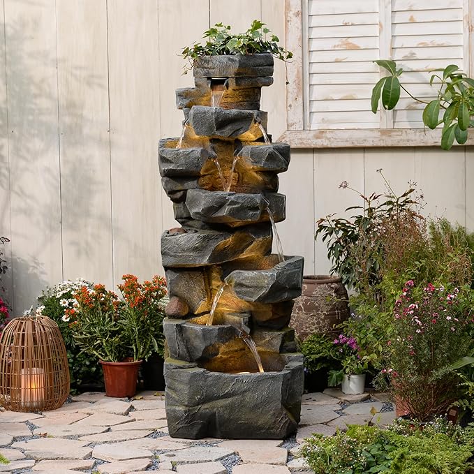 58“H Outdoor Garden Water Fountain 6 Tiers Large Cascading Rock Natural Waterfall Outdoor Fountain with LED Lights for Patio Porch Backyard Home Art Decor