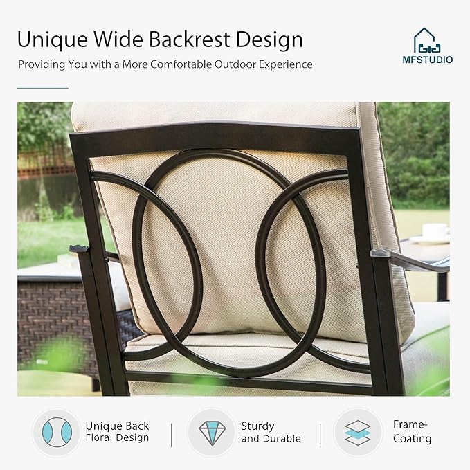 MFSTUDIO 7 PCS Outdoor Patio Furniture Set, Metal Outdoor Conversation Set, Rattan Wicker Patio Sectional with 2 x Fixed and Rocking Single Sofa, 3-Seat Sofa, 2 x Ottoman, Beige