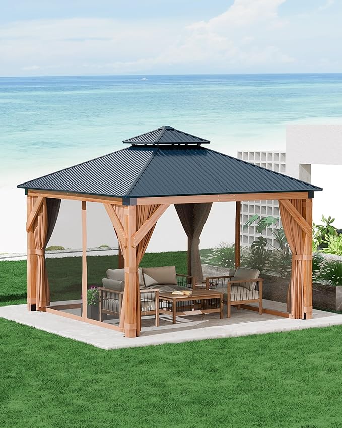 GAOMON Hardtop Spruce Wood Gazebo 12'x12', with Double Roof of Metal Sheets, 4.7'' Heavy Duty Poles, Net, and Curtain, Permanent Building for Patio, Deck, Backyard, Lawn, and Garden, Khaki