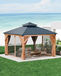 GAOMON Hardtop Spruce Wood Gazebo 12'x12', with Double Roof of Metal Sheets, 4.7'' Heavy Duty Poles, Gray Net, and Curtain, Permanent Building for Patio, Deck, Backyard, Lawn, and Garden, Khaki