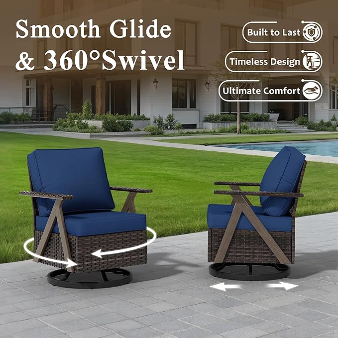 Outdoor Swivel Rocker Chairs, 3 Pieces Wicker Swivel Patio Chair with Rattan Side Table, Patio Furniture Set for Outside Porch Deck