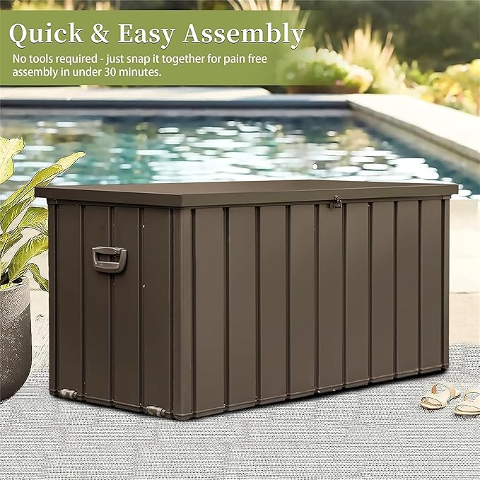 CHUNLY 160 Gallon Outdoor Metal Deck Box, Waterproof Patio Storage Box Large Storage Bench for Outside Cushions, Garden Tools, Pool Accessories (Dark Brown)