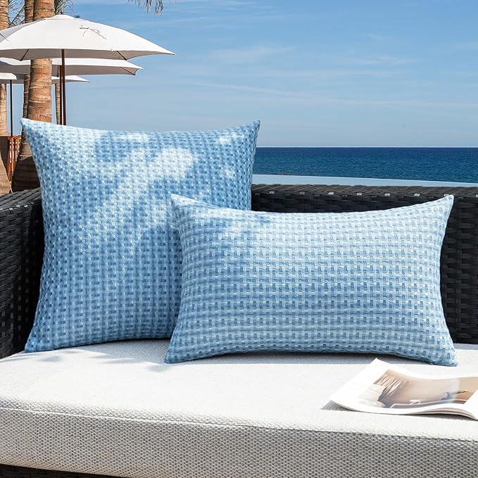 Kevin Textile Outdoor Waterproof Throw Pillow Covers Pack of 2 Weaving Texture Water Resistant Outside Decorative Cushion Covers for Garden Patio Tent Balcony Bench Couch Sofa 18x18 Inch, Light Blue