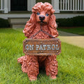 Poodle Outdoor Garden Statue with Double-Sided “Welcome/ON Patrol” Hanging Sign and Solar Lantern, Brown Sitting Dog for Porch, Path & Yard Décor