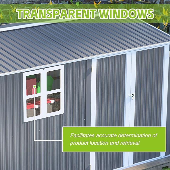 8x12 FT Storage Shed Outdoor, XL Heavy-Duty Steel Building with Window – Features Hinged Gray Doors & 4 Air Vents for Backyard, Garden, Patio, with Floor Frame (Gray)