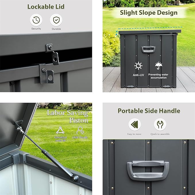 CHUNLY 100 Gallon Metal Waterproof Storage Deck Box with Lockable Lids Indoor Outdoor Storage Bench Patio Storage Bin for Outside Cushions, Throw Pillows, Garden Tools (Dark Gray)