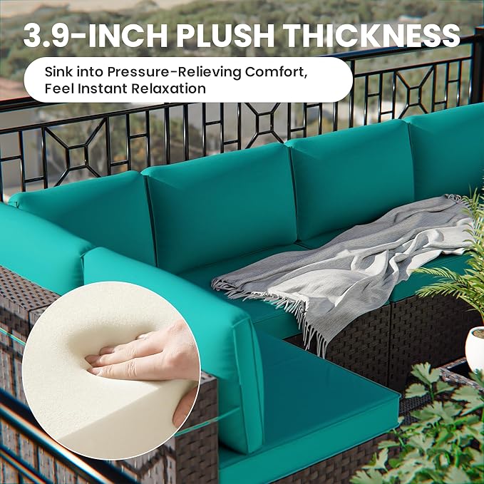 10 Pieces Outdoor Patio Furniture Set Outdoor Furniture Patio Sectional Sofa Conversation Sets w/ETL Approved 45" Gas Outdoor Fire Table & Coffee Table, Swivel Rocking Chair (Turquoise)