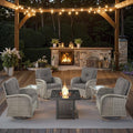 7 Piece Patio Furniture Set with Fire Pit Table - Wicker Patio Conversation Set with 4 Swivel Glider Chairs and 2 Tempered Glass Side Tables for Deck Backyard - Grey Wicker Grey Cushion