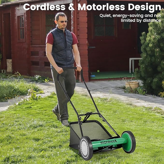 Goplus Manual Lawn Mower, 16 Inch 5-Blade Walk-Behind Cordless Grass Cutter with 7 Gallon Removable Grass Collect Bag, Adjustable Cutting Heights, Push Reel Lawn Mower for Yard, Garden