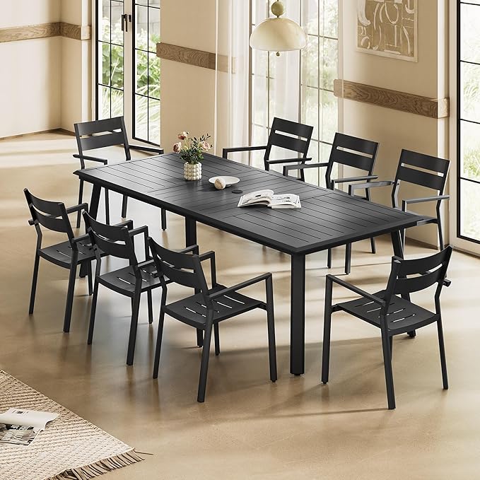 Outdoor Patio Dining Table for 8-10, 94 Inch Aluminum Table with Umbrella Hole, All-Weather Deck & Backyard Furniture