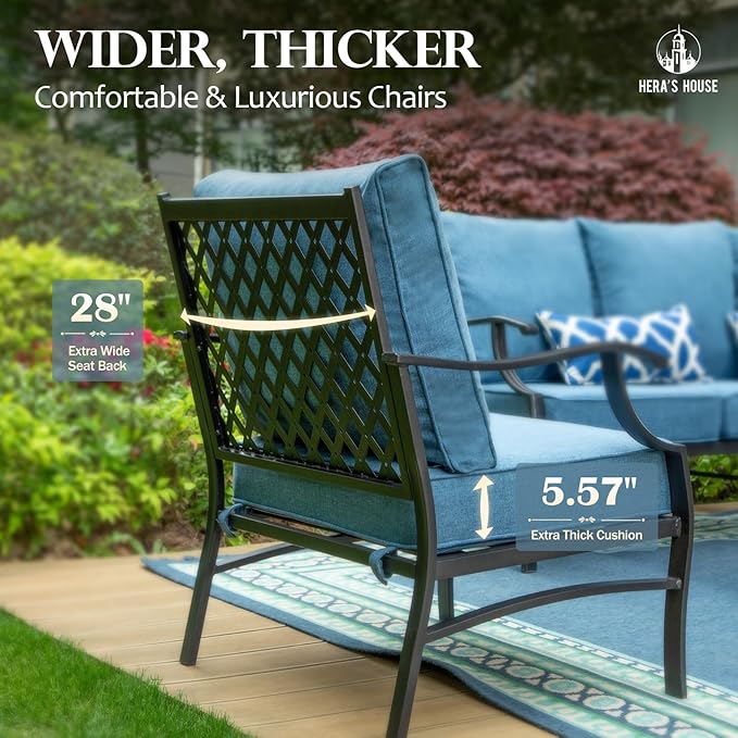 HERA'S HOUSE Outdoor Chairs Set of 2, 2 x Patio Chair with Navy Blue Cushions, All Weather Outdoor Furniture for Lawn Garden Backyard Deck(Leg Chairs)