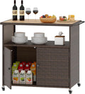 Tangkula Rattan Outdoor Storage Cabinet, Patiojoy PE Wicker Outdoor Cabinet with Acacia Wood Countertop, Open Compartment, Storage Shelf, Outdoor Bar with 4 Wheels for Garden Backyard Deck