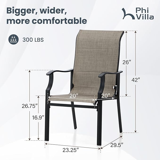 PHI VILLA Outdoor Dining Chairs Set of 6, High Back Textilene Fabric Padded Armchairs with E-Coated Steel Frame for Patio, Porch, Deck, Yard