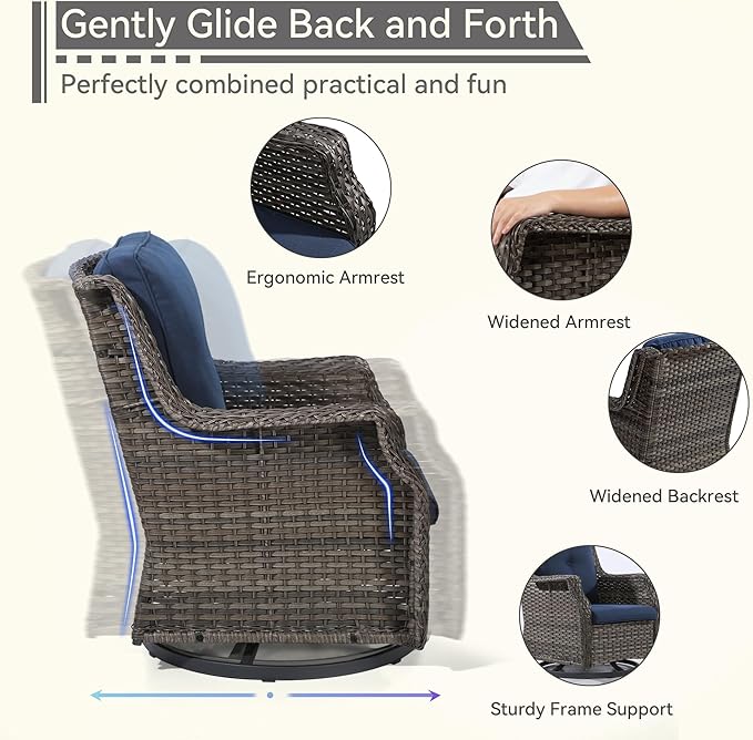 Outdoor Swivel Rocker Patio Chair - 360 Degree Patio Swivel Glider Chair with 3.5" Premium Olefin Fabric Cushions(Mixed Grey/Blue)