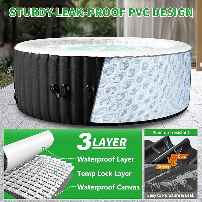 4-6 Person Inflatable Hot Tub, 264Gal Portable Blow up Hot Tub with 130 Strong Bubble Jets, Leak-Resistant PVC Round Outdoor Spa with Heater Pump and Insulated Cover, 82” X 82” X 25”