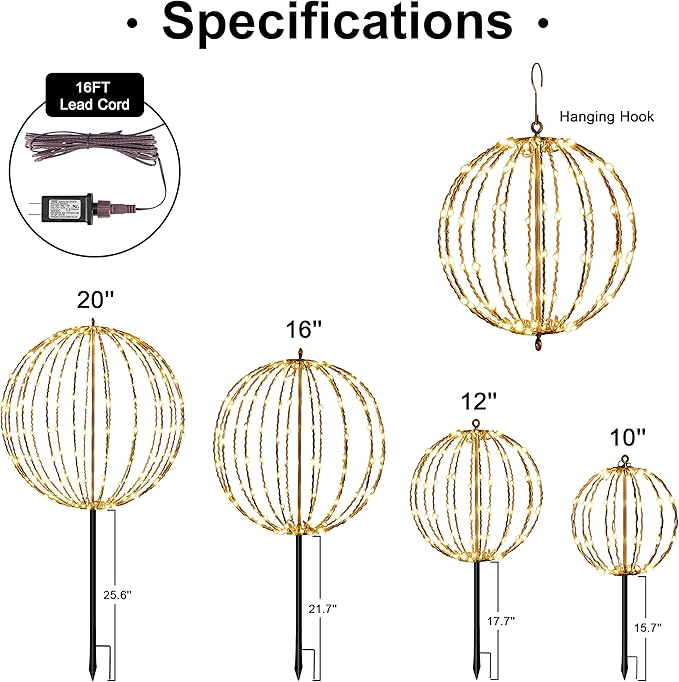 LIGHTSHARE 12IN 96LED Light Ball Light Garden Yard Decoration Pathway Lights Sphere Light with Fold Flat Metal Frame Indoor Outdoor Waterproof, Plug in