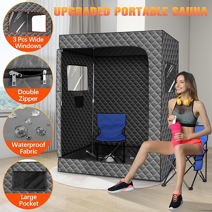 Upgraded Portable Steam Sauna, Portable Sauna Box for Home, Home Sauna Tent Full Body, 1200W 3L Steam Generator, 99 Minute Timer, Folding Chair, Remote Control Included(Grey)