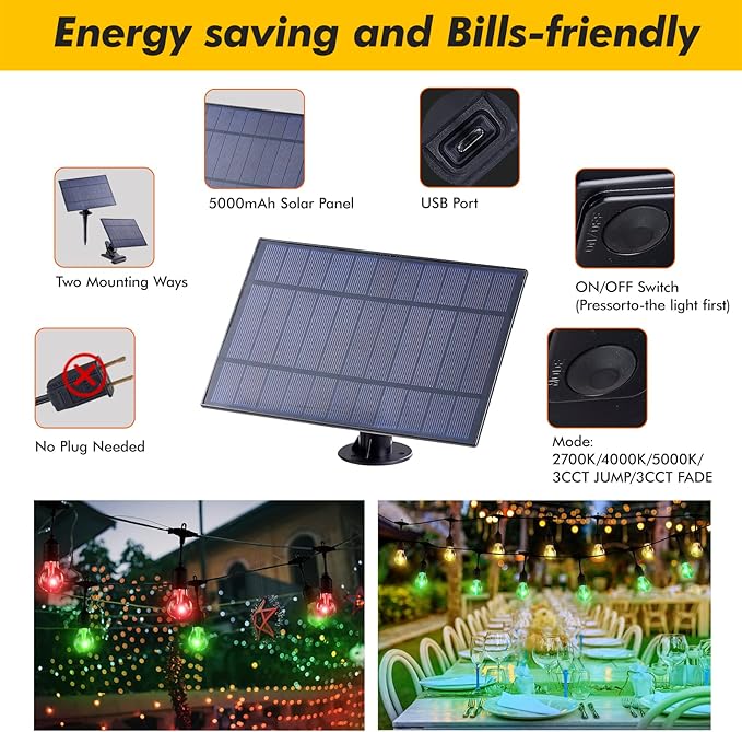 Auroraworld 48FT Solar RGB Outdoor String Lights, Dimmable Waterproof LED Patio Lights with Remote, 15 Shatterproof Edison Bulbs for Cafe Yard Garden Party Decor