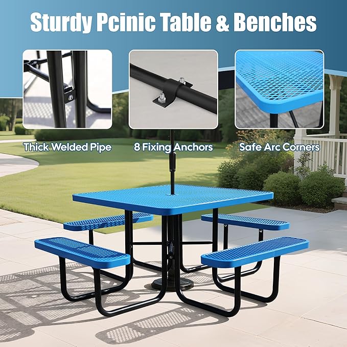 8-Person Picnic Tables for Outdoors, Industrial 46" Expanded Metal Square Picnic Table with 4 Benches & Umbrella Hole, Outside Table and Bench Set for Garden, Backyard, Porch, Patio, Blue