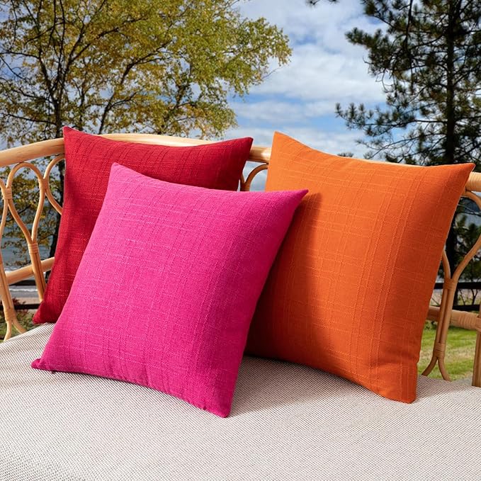 Kevin Textile Fall Outdoor Waterproof Throw Pillow Covers Decorative Farmhouse Water Resistant Checkered Cushion Covers for Tent Patio Garden Couch Sofa Pack of 2 (16x16 Inch Orange)