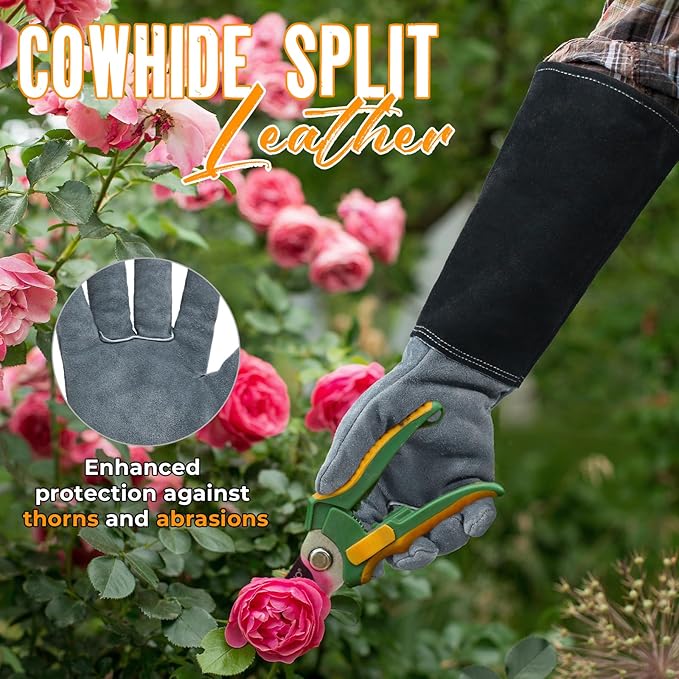 HANDLANDY Long Gardening Gloves for Men & Women, Cowhide Leather Rose Pruning Gloves, Breathable Thorn Proof Gauntlet Glove (Dark Grey-Black, L)