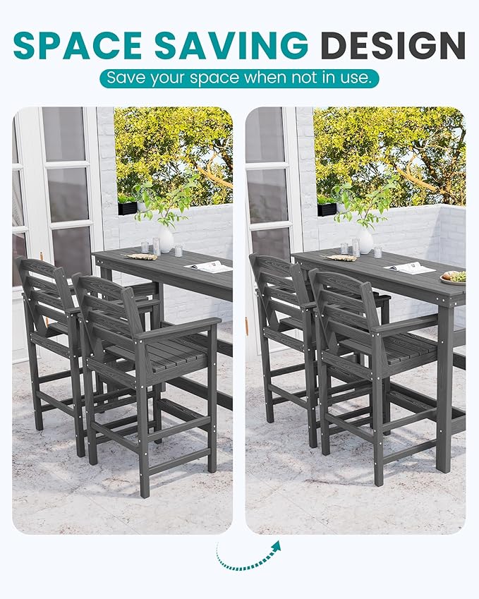 SERWALL Outdoor Bar Table and Chairs Set, Adirondack Bar Chairs Set of 2 and Bar Height Table, All Weather HDPE Outdoor Patio Bar Set, Outdoor Furniture for Outside, Poolside, Backyard, Garden, Grey