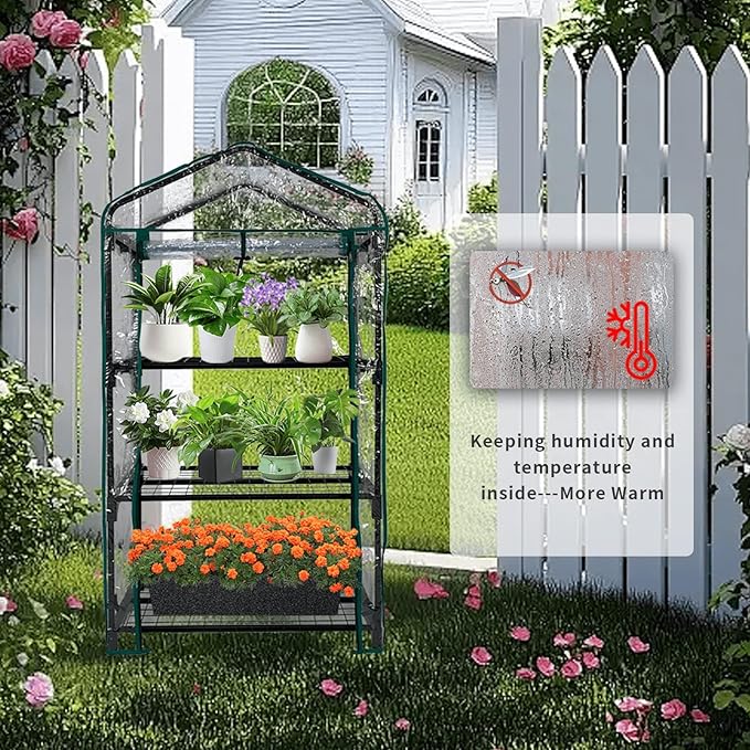 GreenGiggle 3 Tier Mini Indoor Outdoor Greenhouse,27"x19"x49" GreenHouses with Clear PVC Cover and Roll-Up Zipper Door,Plastic Green House for Indoors Grow Tent&Garden greenhouses for Outdoors