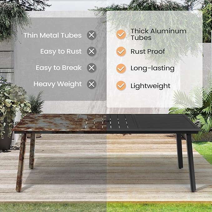 Aluminum Outdoor Dining Table for 6-8, 83" Rectangle Patio Table with 1.69" Umbrella Hole, All-Weather Deck & Backyard Furniture