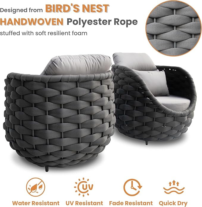 Woven Rope Outdoor Chair: Aluminum Patio Accent Chair with Arms - Assembled Cushioned Lounge Chair for 400lbs - Morden Porch Furniture Seating for Deck Balcony Garden Pool Backyard Hotel Resort
