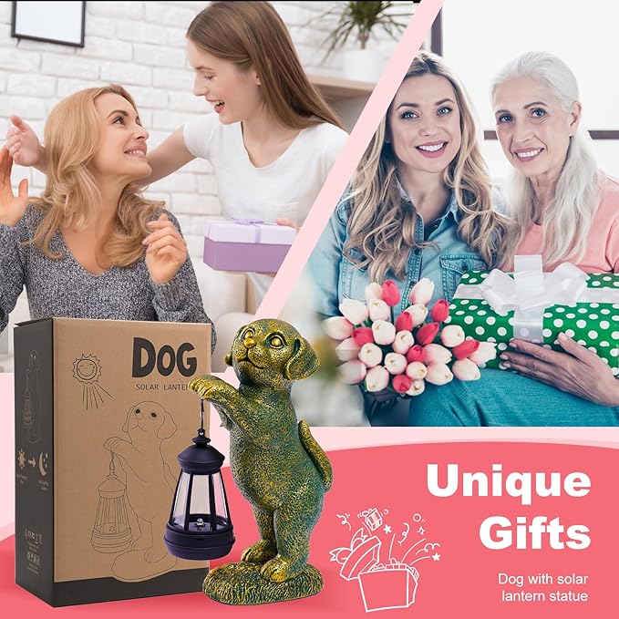 Dog Statue with Solar Lantern - 9.84 Inch Resin Solar Outdoor Lawn Yard Garden Decor - Unique Design Gifts for Women Mom Men (Copper)