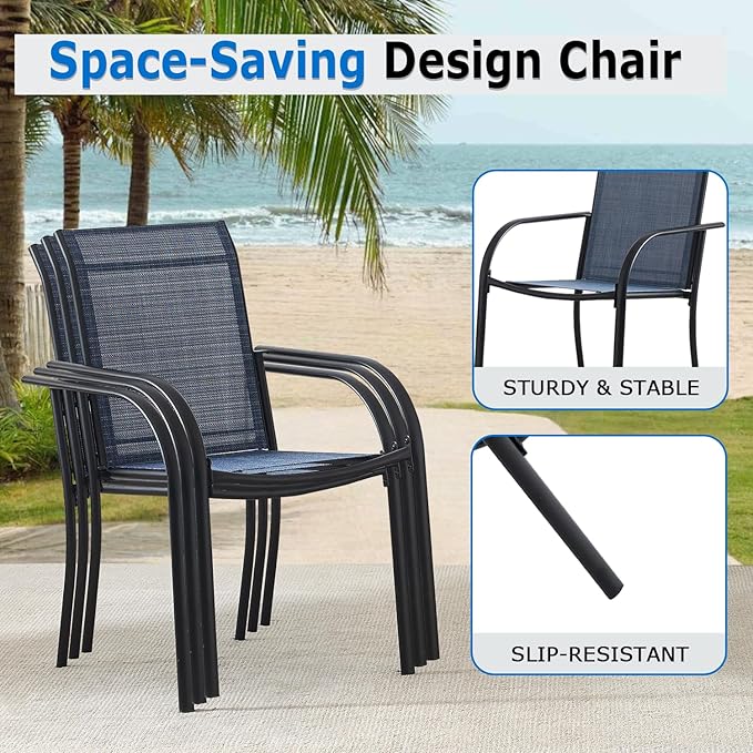 Outdoor Dining Chairs Set of 6, Stackable Patio Chairs with Textilene Fabric, Lightweight Garden Chairs for Poolside, Backyard, Camping, Dark Blue