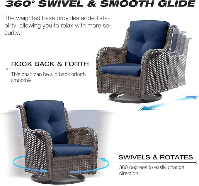 Joyside Wicker Patio Furniture Set 6 Piece Set with 1 Three-Seat Sofa, 2 Swivel Rocker Chairs, 2 Ottomans and 1 Side Table, Outdoor Furniture Patio Conversation Sets(Mixed Grey/Blue)