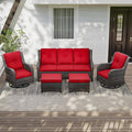 5 Pieces Outdoor Patio Furniture Set - Conversation Set Includes Wicker Swivel Rocker Chairs Set of 2, 2 Ottoman, 3 Seat Sofa, Suitable for Porch, Yard, Mixed Brown Rattan, Red
