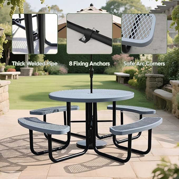8-Person Picnic Tables for Outdoors, Industrial 46" Expanded Metal Round Picnic Table with 4 Benches & Umbrella Hole, Outside Table and Bench Set for Park, Garden, Backyard, Patio, Grey