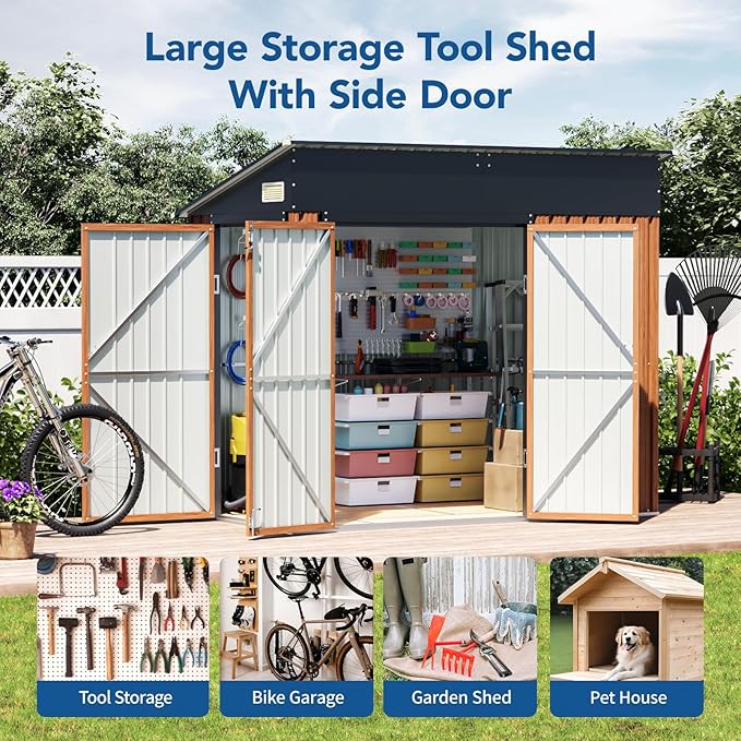 8x4 Ft Outdoor Metal Shed, Storage Shed with Triple Lockable Doors, Front & Side Door for Easy Access, Large Garden Tool Shed for Backyard, Patio, Lawn & Utility Storage