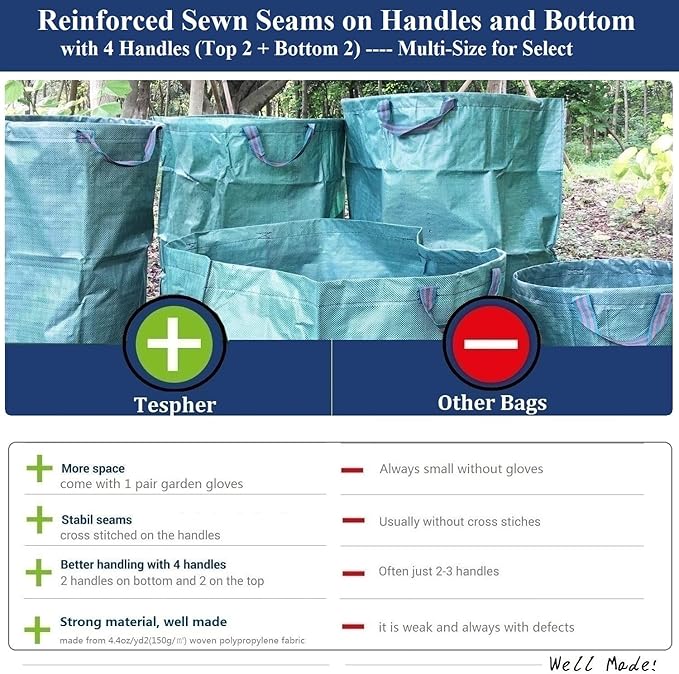Professional 2-Pack 72 Gallon Large Yard Garden Bags (D26, H30 in) with Gardening Gloves for Yard Waste,Leaf Bag,Lawn Debris Bag,Camping Trash Container,Recycle Bin,Grass Clippings,Weed Bags 4 Handles