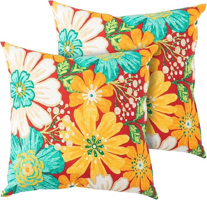 Magpie Fabrics Pack of 2 Outdoor Waterproof Throw Pillow Covers 18 x 18 Inch, Decorative Cushion Sham Pillowcase Shell for Garden Patio Balcony(Embry Red Hibiscus)