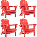 Folding Adirondack Chair, HDPE Outdoor Texture Lawn Chair with Reclining Back, Cup and Phone Holder - Comfortable Firepit Chair Weather Resistant for Patio or Backyard (Red, Set of 4)
