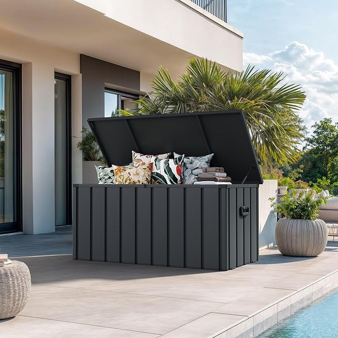 PURPLE LEAF Outdoor Deck Box 100 Gallon Waterproof Lockable Storage Box Container with Lid Deck Organization for Patio Cushions Side Table Pool Accessories Garden Tools, Gray