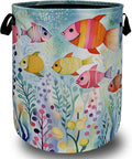 Watercolor Fish Laundry Basket Foldable With Handles Cute Fishes Tote Bag Oxford Cloth Colorful Laundry Hamper Clothes Storage Bucket Toy Organizer For Bathroom/Laundry/Bedroom 18.9"x16.5 "