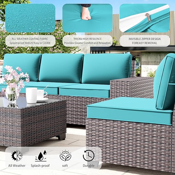 Outdoor Patio Furniture Set, 6 Pieces Outdoor Furniture All Weather Patio Sectional Sofas PE Wicker Modular Conversation Sets with Coffee Table,5 Chairs & Seat Clips Turquoise Blue.