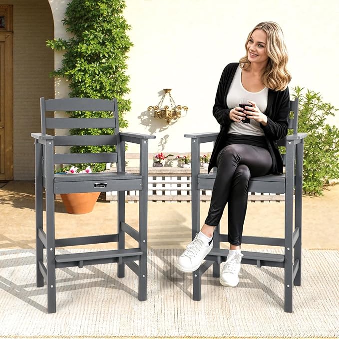 FUNBERRY Outdoor Bar Set with Umbrella Holes, Tall Adirondack Chairs and Table, All Weather HDPE Bar Height Outdoor Table and Chairs Set for Bistro Patio Balcony