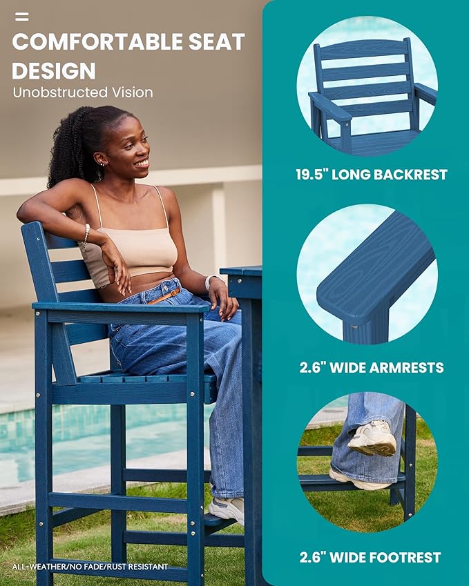 SERWALL Outdoor Bar Table and Chairs Set, Adirondack Bar Chairs Set of 2 and Bar Height Table, All Weather HDPE Outdoor Patio Bar Set, Outdoor Furniture for Outside, Poolside, Backyard, Garden, Blue