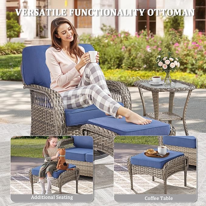 5 Pieces Patio Furniture Set Outdoor Sectional Sofa Couch with Rocking Swivel Chairs 5" Deep Seat Chairs, Modern Wicker Rattan Conversation Set, Blue/Gray Wicker