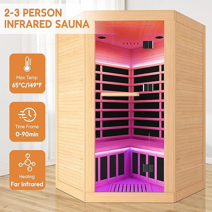 Indoor Sauna Two Person Far Infrared Saunas for Home 1 - 3 Person Wood Sauna Canadian Hemlock 2180W/110V Low EMF Dry Sauna Room with Oxygen Bar/7 Color Therapy/9 Heating Plates/Control Panel/Speaker