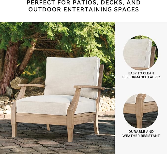 Signature Design by Ashley Carter Hall Outdoor Eucalyptus Neutral Patio Lounge Chair with Thick Performance Fabric Cushion, Beige