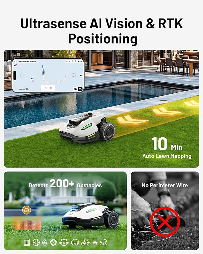 Mammotion YUKA Mini 500 Robotic Lawn Mower for 0.12 Acre, Max. 0.25 Acre, Ultrasense AI Vision+ RTK Positioning, Auto Mapping, App Control, 50% Slope, Perimeter Wire Free, 15 Mowing Zones Management