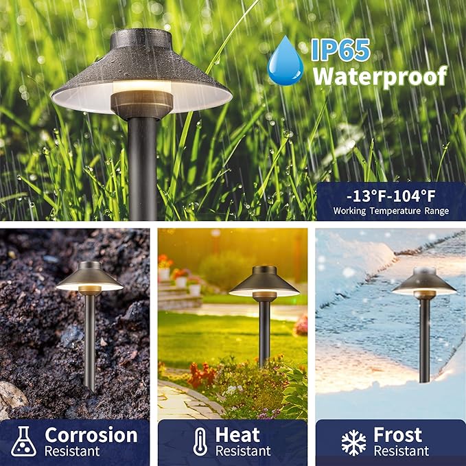 Gardenreet Low Voltage Landscape Lighting Brass - 12v Pathway Lights Waterproof, Hardwired Path Light Outdoor, Antique Bronze for Exterior Patio Garden with 3W 2700K Warm White G4 Bulb (4 Pack)