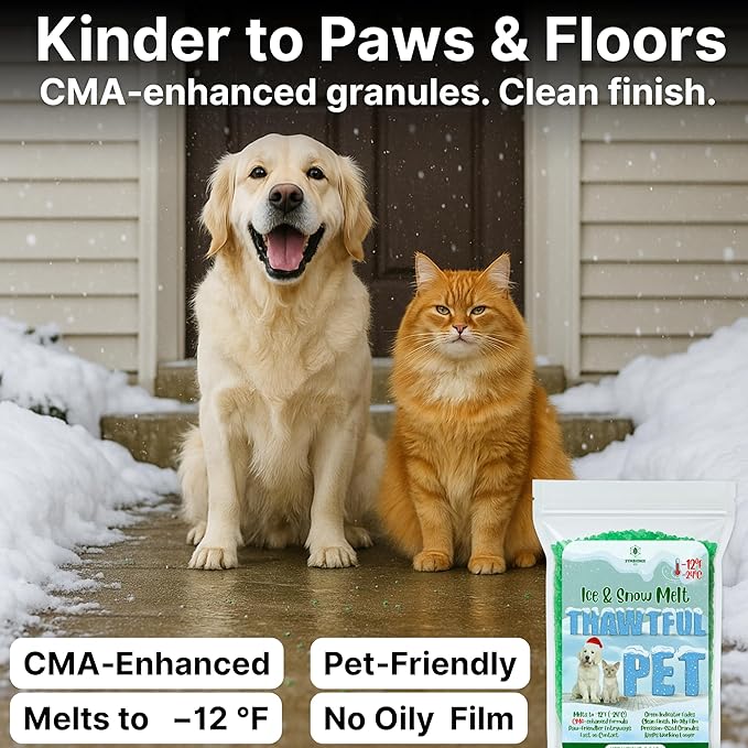 Thawtful Pet Safe Ice Melt – Pet Friendly Ice Melt, Snow Melt – Green Granules with CMA, Melts to −12°F (−24°C) - Driveway Salt & Sidewalk Salt for Ice (3 qt. - 6.4 lb.)