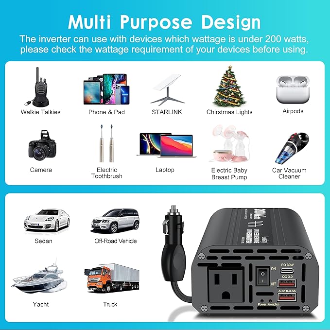 Pure Sine Wave Car Inverter 200 Watt 12V DC to 110V 120V AC Car Power Inverter Converter with 30W PD USB-C & QC3.0 USB-A Fast Charging for Vehicle Truck RV by Leesky